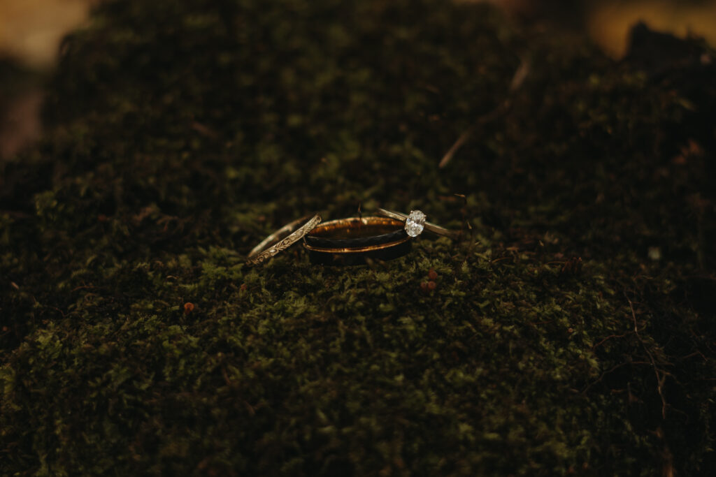 Mossy wedding ring photo in the woods. 