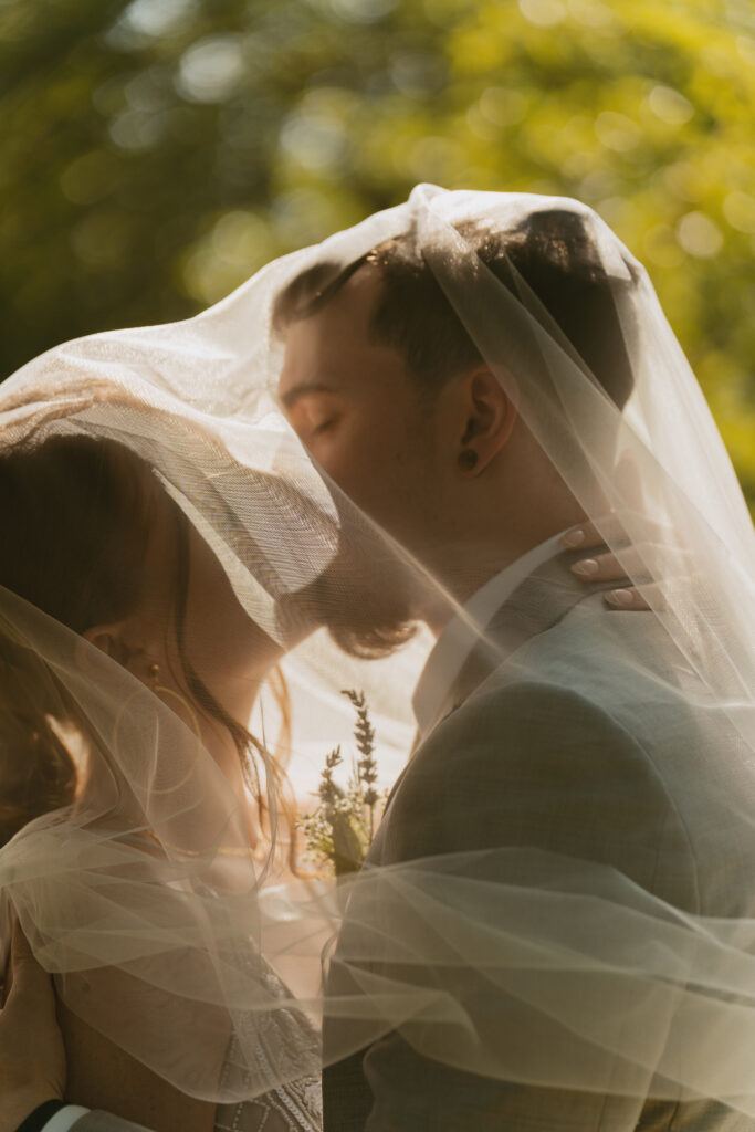 Bride and Groom embrace under a veil