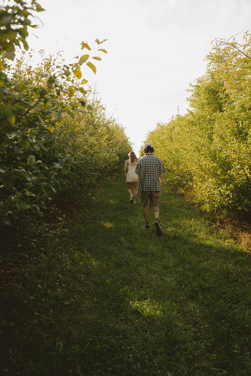 couple walk through the trees together